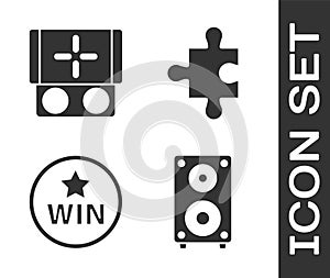 Set Stereo speaker, Portable video game console, Medal and Piece of puzzle icon. Vector