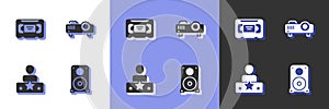 Set Stereo speaker, VHS video cassette tape, Actor star and Movie, film, media projector icon. Vector