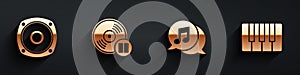 Set Stereo speaker, Vinyl disk, Musical note in speech bubble and Music synthesizer icon with long shadow. Vector