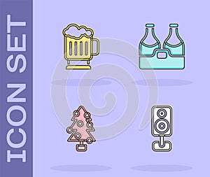 Set Stereo speaker, Wooden beer mug, Christmas tree and Champagne bottle icon. Vector