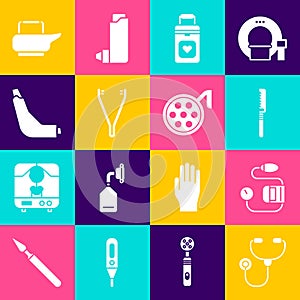 Set Stethoscope, Blood pressure, Medical saw, Organ container, tweezers, Inhaler, Bedpan and Surgery lamp icon. Vector