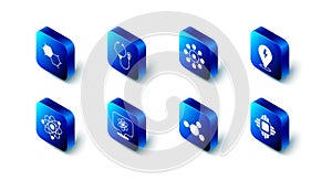Set Stethoscope, Virus, Lightning bolt, Processor CPU, Molecule, Atom, and Chemical formula icon. Vector