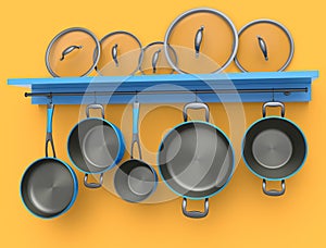 Set of stewpot, frying pan and chrome plated cookware hanging on shelf on orange