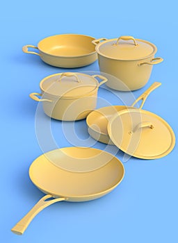 Set of stewpot, frying pan and chrome plated cookware on monochrome background