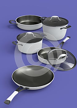 Set of stewpot, frying pan and chrome plated cookware on violet background