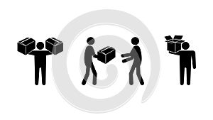 Set of stick figures, professional movers and parcel delivery, vector illustration