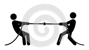 Set of stick figures tug of war, flat vector illustration