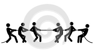 Set of stick figures tug of war, flat vector illustration