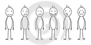 Set of stick man figures with different emotions, happy, sad, dissatisfied, anxious, exhausted. Stickman vector illustration