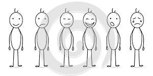 Set of stick man figures with different emotions, happy, sad, dissatisfied, anxious, exhausted. Stickman vector illustration photo