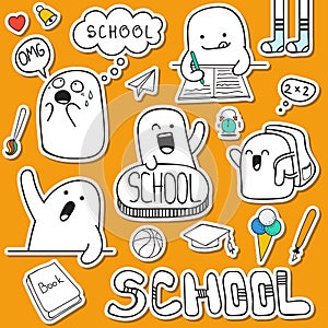 Set sticker doodle characters and school supplies