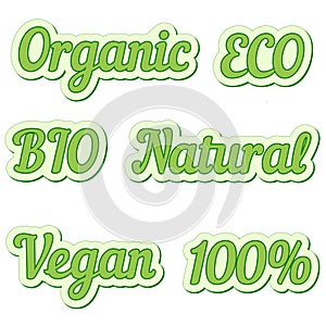 Set sticker, eco friendly and organic food labels, vector collection of labels for natural bio foods