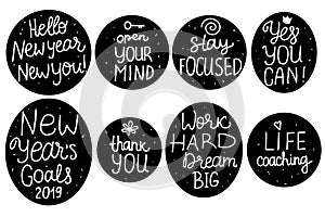 Set sticker Lettering inscription Life Coaching, Yes YOU Can, New Years Goals items. Hand drawn Vector isolated. Space card