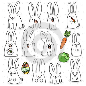 Set 12 sticker rabbit doodle with different emotions. Rabbit Handmade