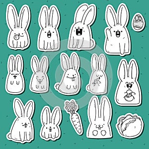 Set 12 sticker rabbit doodle with different emotions. Rabbit Handmade