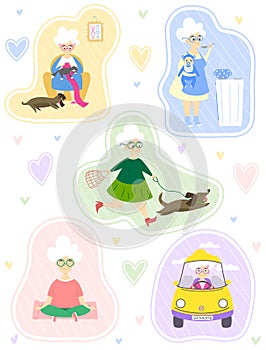 Set of stickers with active funny grandma