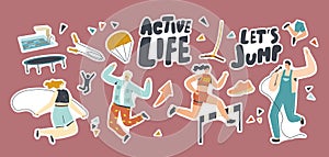 Set of Stickers Active Life, Sport and Hobby Activity. Characters Sing Karaoke, Parachuting, Racing with Obstacles