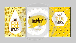 Set of stickers, banners, posters with cute bees, flowers and honey with lettering. Vector illustration EPS 10