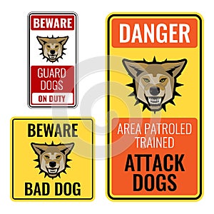 Set of stickers with beware bad dog signs vector illustration