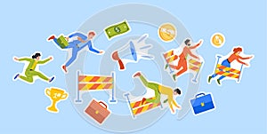 Set of Stickers Business Characters Falling Over An Obstacles During Race. Men and Women Stumble and Jump over Barriers