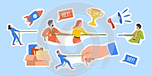 Set of Stickers Business Characters Team Playing Tug-of-war or Rope-pulling Game Against Huge Boss Hand Patches