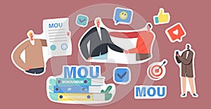 Set of Stickers Businesspeople Characters with MOU Documents, Pile of Memorandum of Understanding Documentation