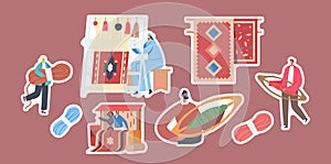 Set of Stickers Carpet Weaving Theme. Woman Work on Handloom, Tiny Characters with Skein of Thread and Weaving Shuttles