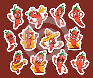 Set of Stickers Cartoon Hot Chili Pepper Characters. Red Jalapeno or Guindilla Mexican Personages Vector Illustration photo