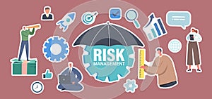 Set Stickers Characters Admit, Identify, Measure and Implement Risk Management Business Strategy. Businessman, Umbrella