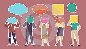 Set of Stickers Characters with Speech Bubbles Faces Isolated Patches. Young Men and Women with Dialog Clouds Heads