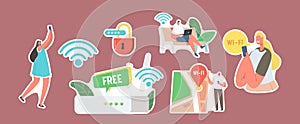 Set of Stickers Characters use Internet on Laptop and Smartphone via Wifi Wireless Router Connection. Modern Network