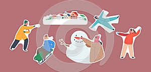 Set of Stickers Children Characters Enjoying Snow Fun and Winter Season. Happy Kids Making Snowman, Snowballs Battle