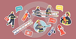Set of Stickers Children Fire Fighters in Uniform, Ladder, First Aid Kit, Extinguisher Kids Firemen Fighting with Blaze