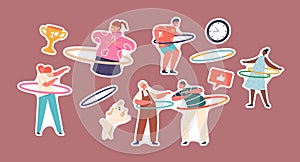 Set of Stickers Children Fun with Hula Hoop, Boys and Girls Characters Rolling Rings on Waist. Kids Active Sparetime