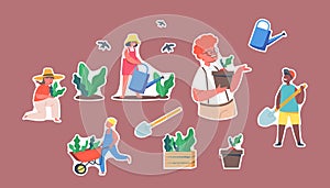 Set of Stickers Children Gardening Work. Gardeners Boys and Girls Planting and Caring of Plants. Happy Kids in Garden