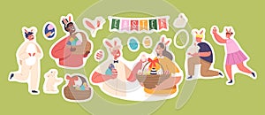 Set of Stickers Children with Painted Eggs, Easter Game, Fun Amusement. Girls and Boys Wear Rabbit Ears and Costumes
