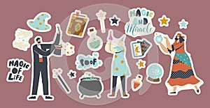 Set of Stickers Circus Magician Characters Performing Tricks with Top Hat, Crystal Ball and Cauldron. Animators, Big Top