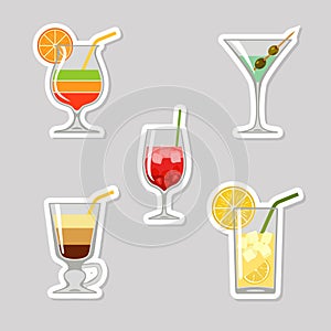 Set of stickers of cocktails with sliced fruits