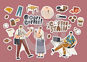Set of Stickers Coffee Stains. Clumsy Characters, Cezve with Beverage, Shirt or Pants with Spots, Coffee Machine Filter