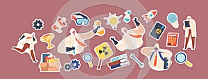 Set of Stickers Crazy Professor Wear Lab Coat and Rubber Gloves. Nuts Doctor Character Conduct Experiment