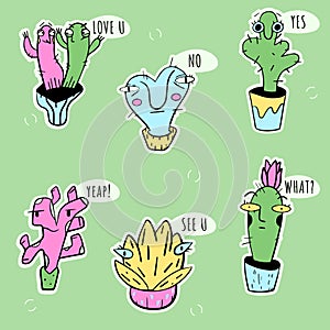 Set stickers of cute cactus in flowerpot.Collection of desert plants isolated.succulents with funny faces.Kawaii cactus