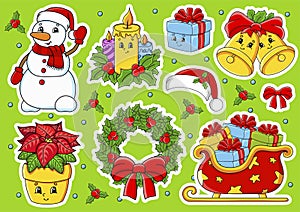 Set of stickers with cute cartoon characters. Christmas theme. Hand drawn. Colorful pack. Vector illustration. Patch badges