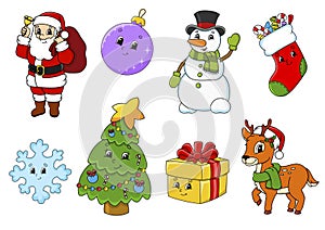 Set of stickers with cute cartoon characters. Christmas theme. Hand drawn. Colorful pack. Vector illustration. Patch badges
