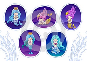 Set of stickers with cute cartoon little mermaids, under the sea, on a dark background.