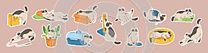 Set of stickers with cute cats. Hand drawn collection badges with pet kittens home life