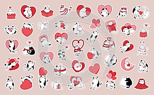 Set of stickers with cute cats in love. Hand drawn collection badges with funny kittens