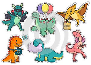 Set of stickers cute dinosaurs of different types