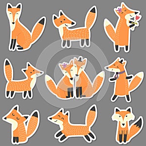 Set of stickers with cute foxes. Forest characters