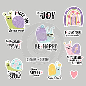 Set of stickers with cute snails, rainbow and funny phrases about love and slowness and insect molluscs. Vector
