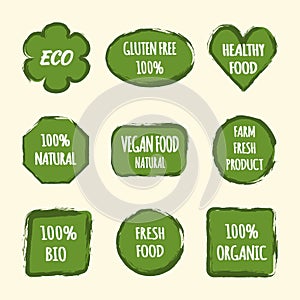 Set of stickers for design labels. Text ECO, Gluten Free 100%, H